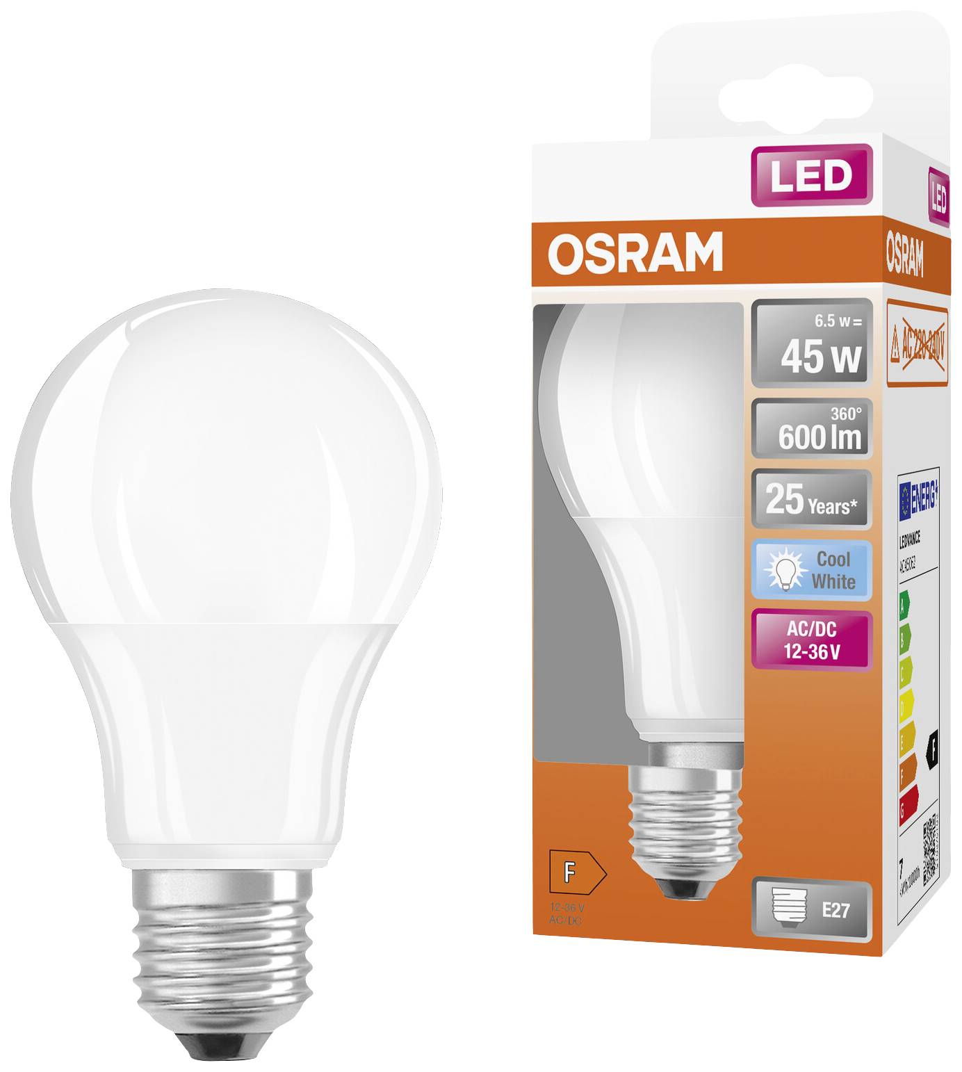 An Osram LED light bulb with 600 lumens and 6.5 watts, placed next to its packaging. Lifespan: 25 years.