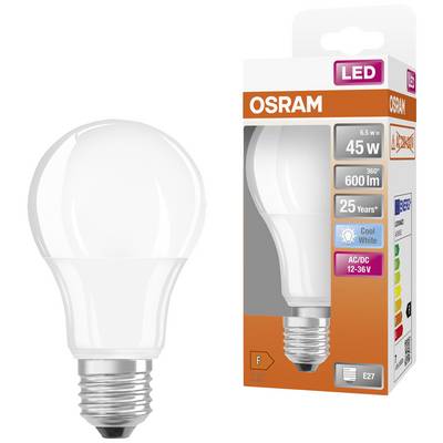 An Osram LED light bulb with 600 lumens and 6.5 watts, placed next to its packaging. Lifespan: 25 years.