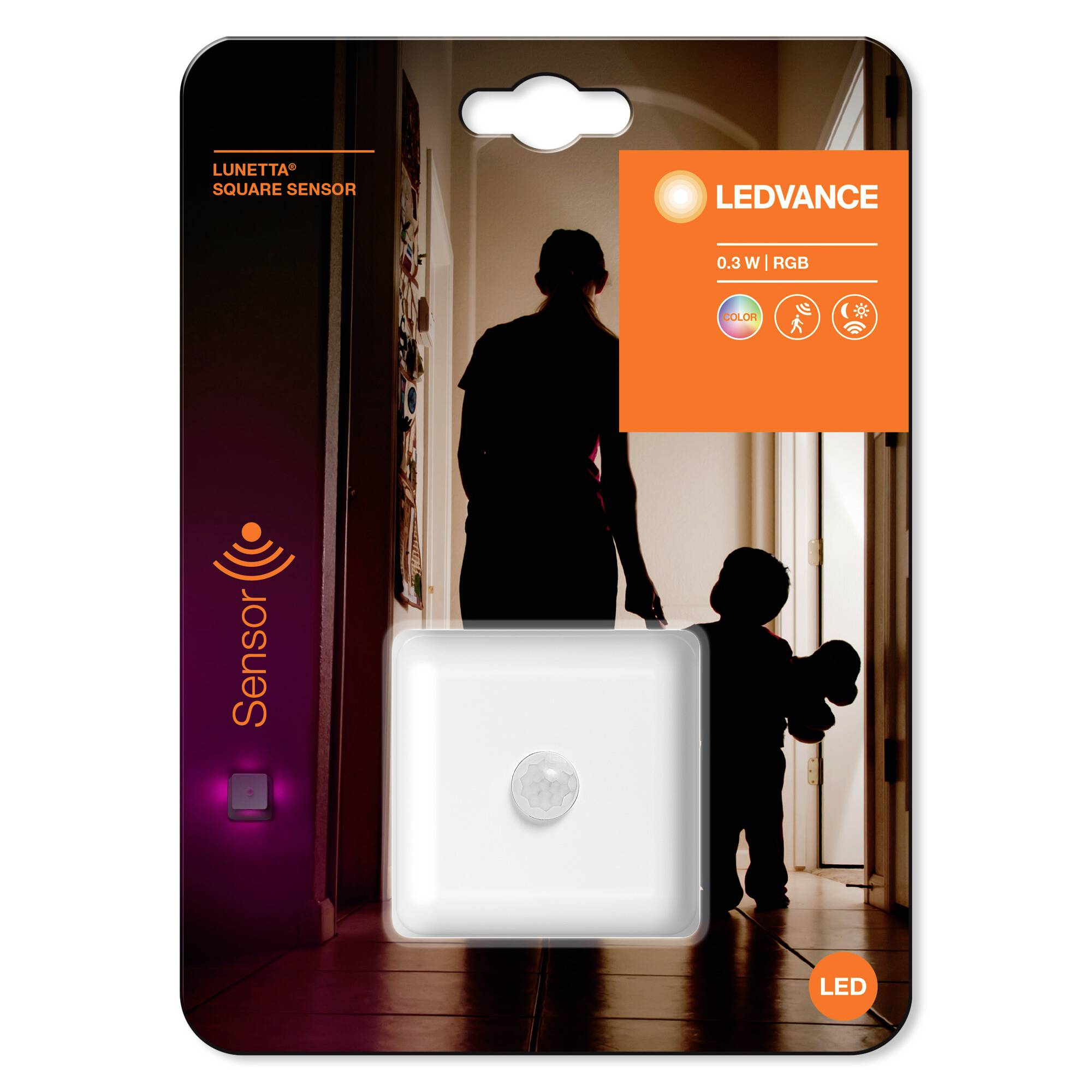 A packaging image of an LED night light with sensor and RGB colour setting shows a woman and child in an illuminated hallway.