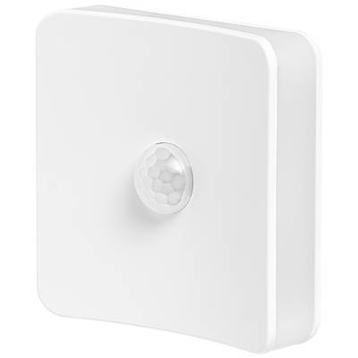 A white, square motion sensor with a central, dome-shaped lens in a minimalist design.