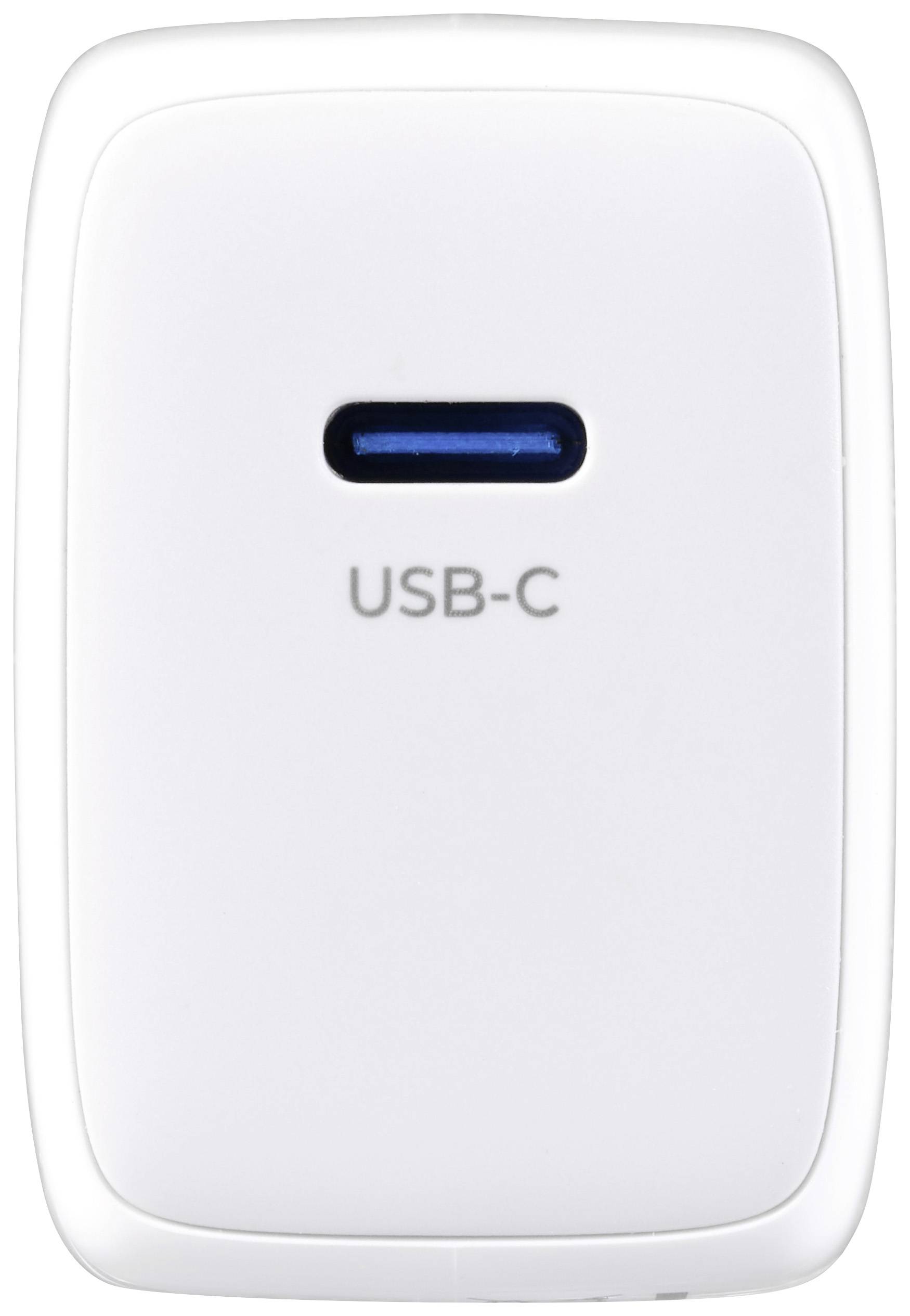 A white USB-C charger with a blue USB-C port in the centre.