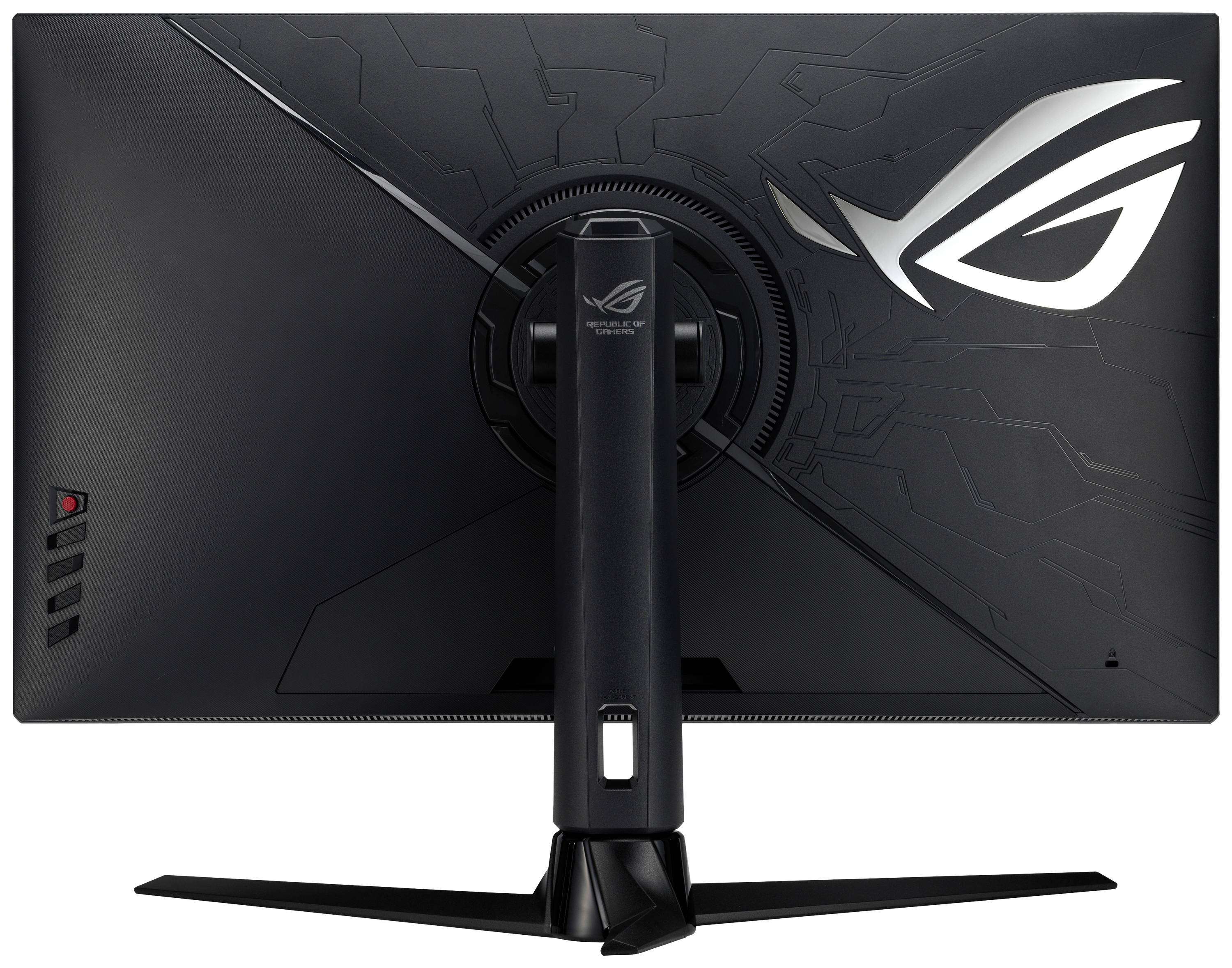 A gaming monitor viewed from the back, featuring a distinctive logo on its rear panel. Sleek design with an adjustable stand.