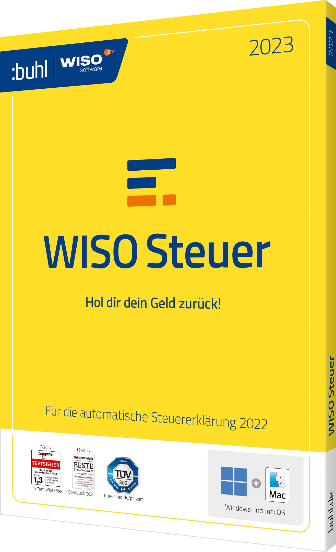 Yellow packaging of 'WISO Tax 2023'. Text: 'Get your money back!' Software for automatic tax return 2022, compatible with Windows and macOS.