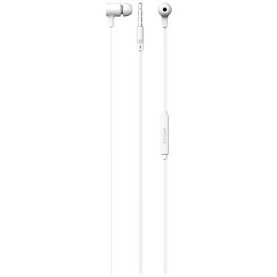 White wired in-ear headphones with an integrated microphone and a control button on the cable.