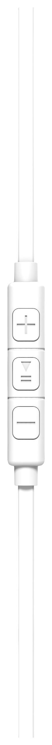 White headphone cable with integrated control element, three buttons: volume up, volume down, middle button for play/pause.