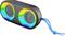 A portable Bluetooth speaker with two circular speakers and colourful LED light rings, fitted with a blue loop.