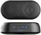 Portable black speaker with blue control elements on the front, including power on/off switch, volume control, and logo.