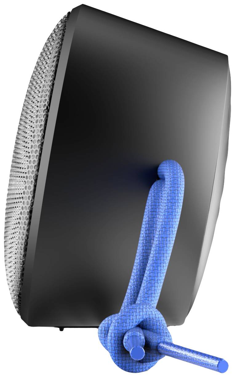 Black, round loudspeaker viewed from the side with a grey protective grille and blue carrying strap on the left side.