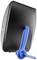 Black, round loudspeaker viewed from the side with a grey protective grille and blue carrying strap on the left side.