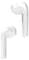 Two wireless, white in-ear headphones hover against a neutral background.