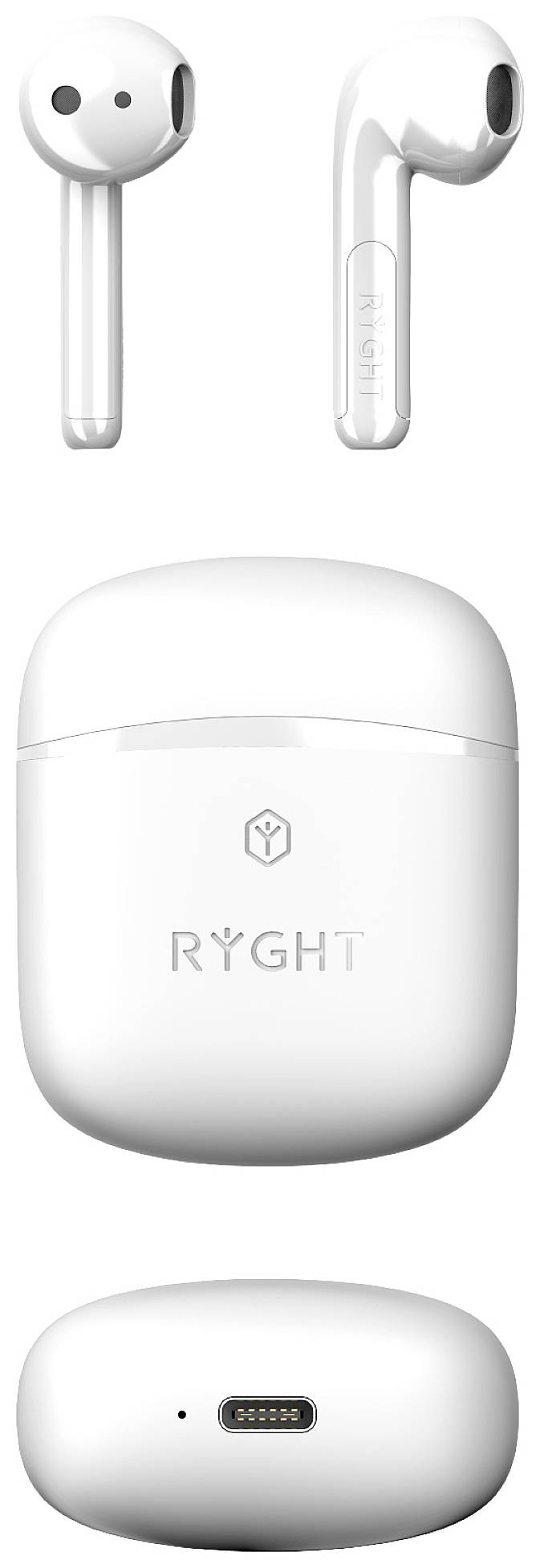 Wireless white earbuds with charging case, brand 'RYGHT'. Elegantly and modernly designed, shown from various angles.
