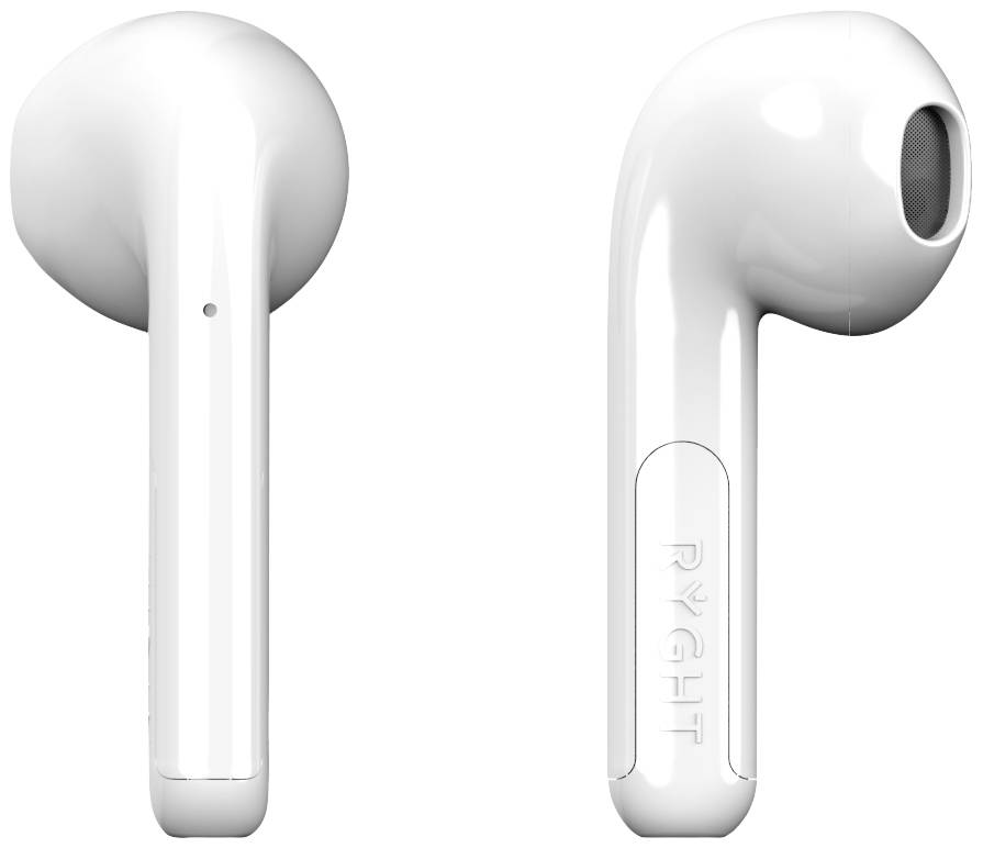 A pair of wireless white earbuds, viewed from above on the left, side view on the right. Suitable for music and phone calls.