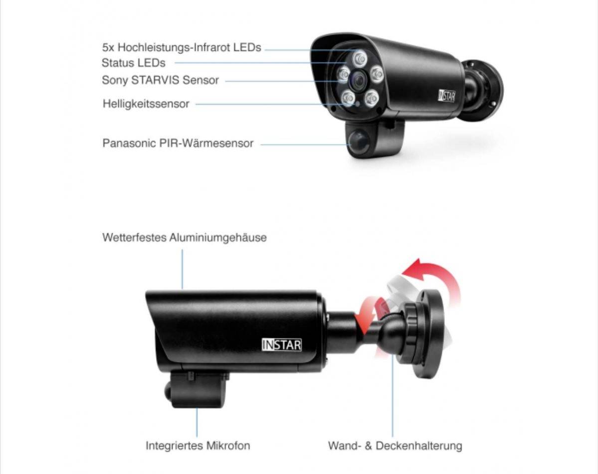 'Image of a surveillance camera with LED lights and built-in microphone. Weatherproof aluminium housing, mountable on wall/ceiling.'