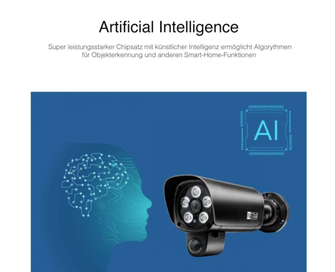 Camera with artificial intelligence against a blue background showing surveillance camera, 'AI' symbol and head silhouette with circuit board.