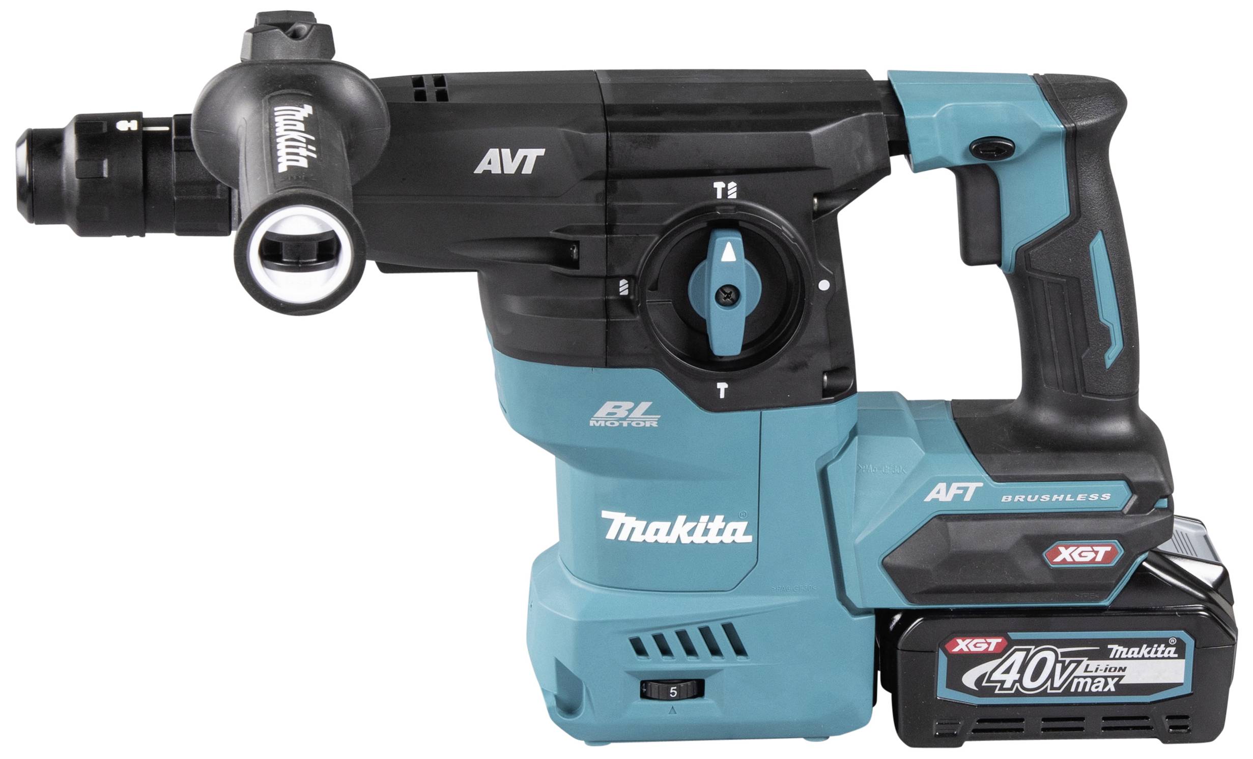 Makita 40V cordless hammer drill. Black and turquoise design, marked with 'AVT' and '40V max'.