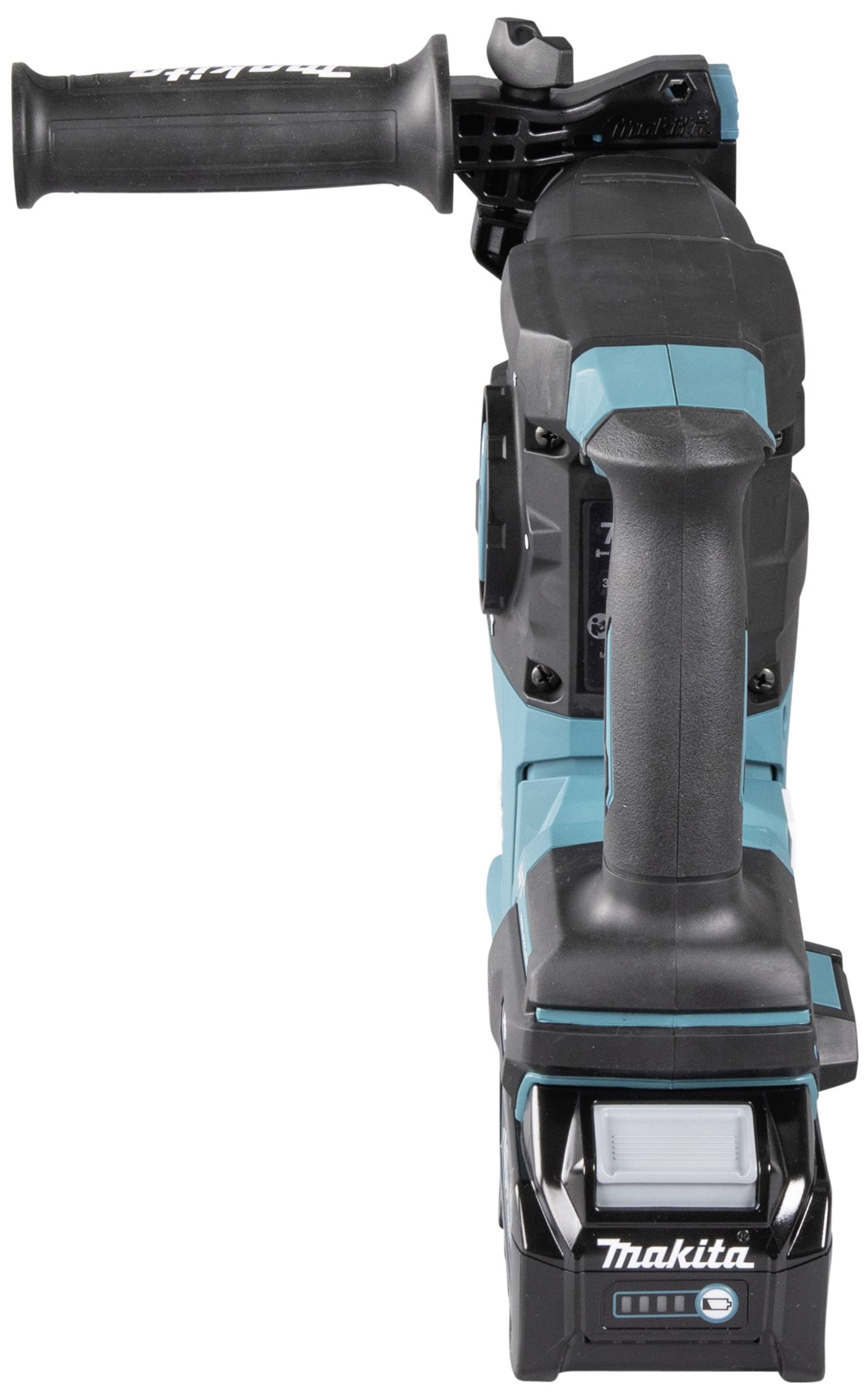 A cordless, blue-black electric power tool with a handle, viewed from above. It shows a battery at the lower end.