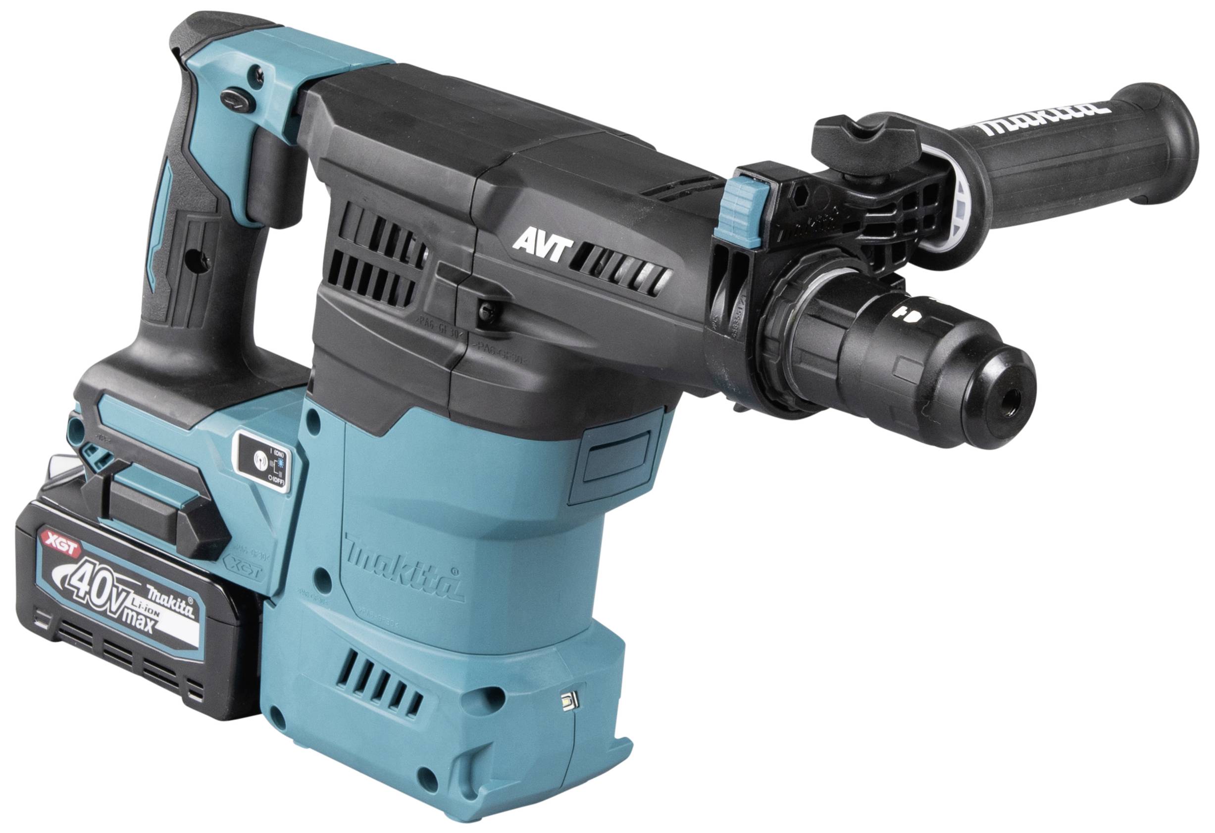 Cordless drill hammer with a blue and black casing, handle and battery. The brand name 'Makita' is visible on the side.