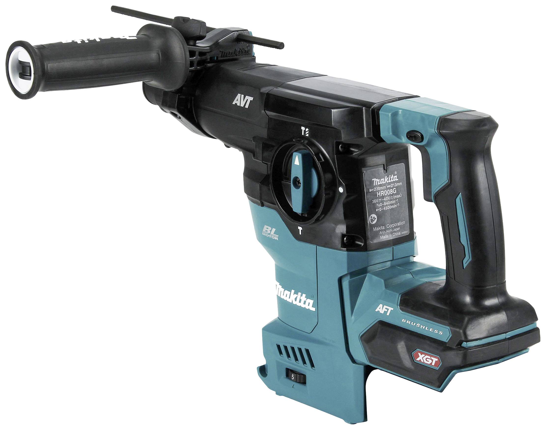 A cordless hammer drill with a green and black casing and an additional handle. By Makita, XGT model, suitable for construction work.