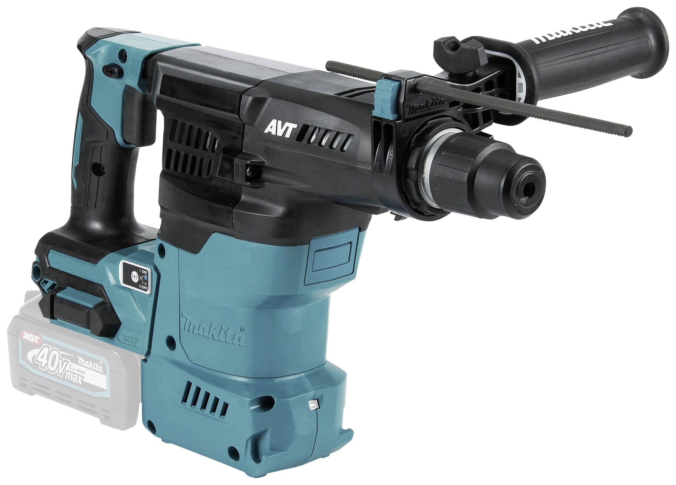 A cordless demolition hammer in blue and black with a handle and battery, suitable for construction or renovation work.