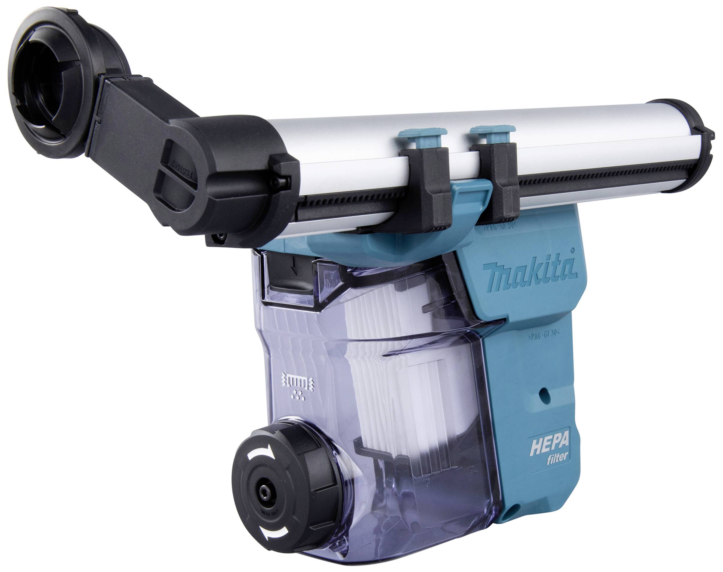 Cordless vacuum attachment with HEPA filter, Makita brand, in turquoise and black. Suitable for dust-free drilling.