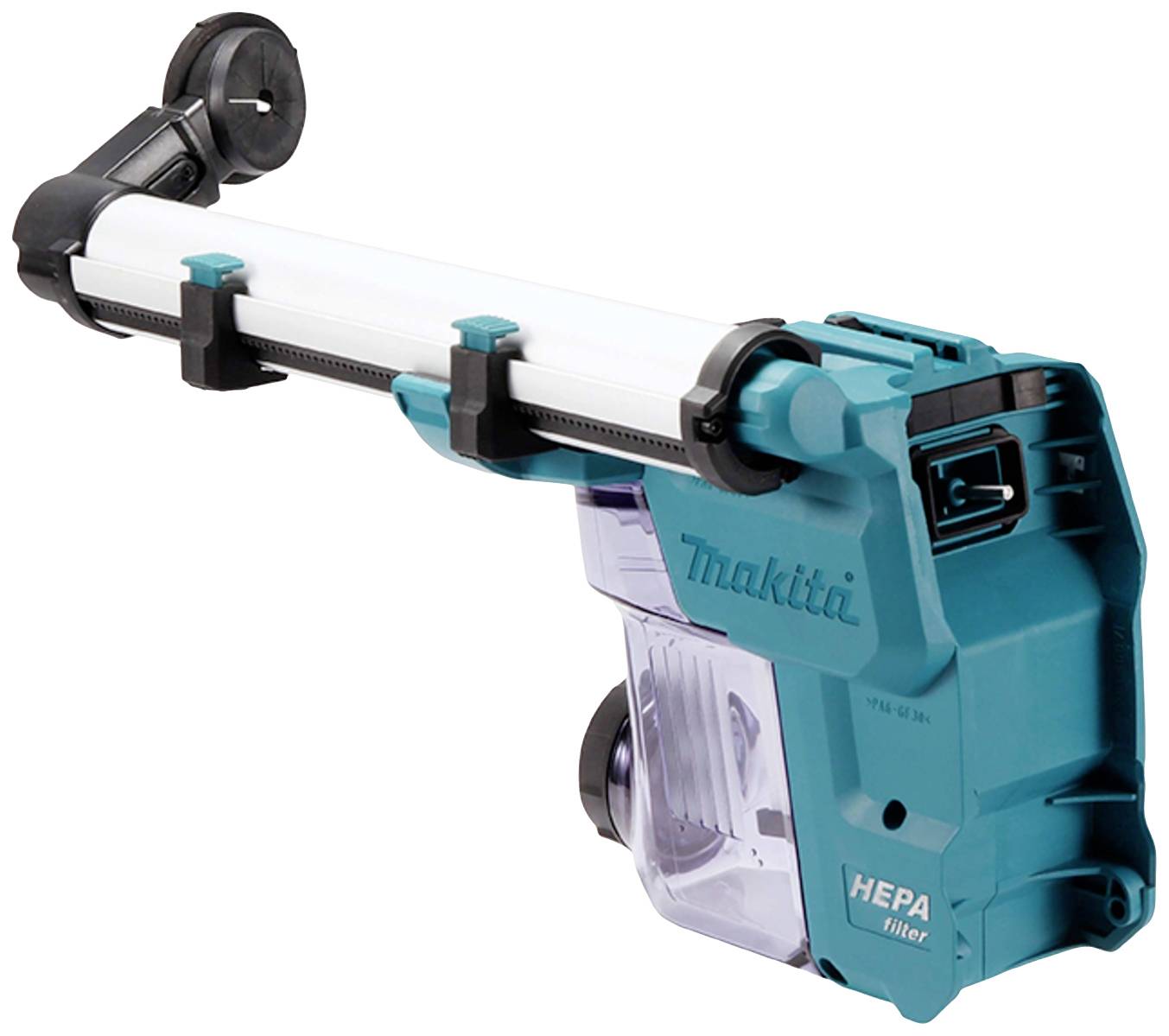 A turquoise, portable HEPA filter device from Makita, which serves as dust extraction for power tools. Fixings are visible.