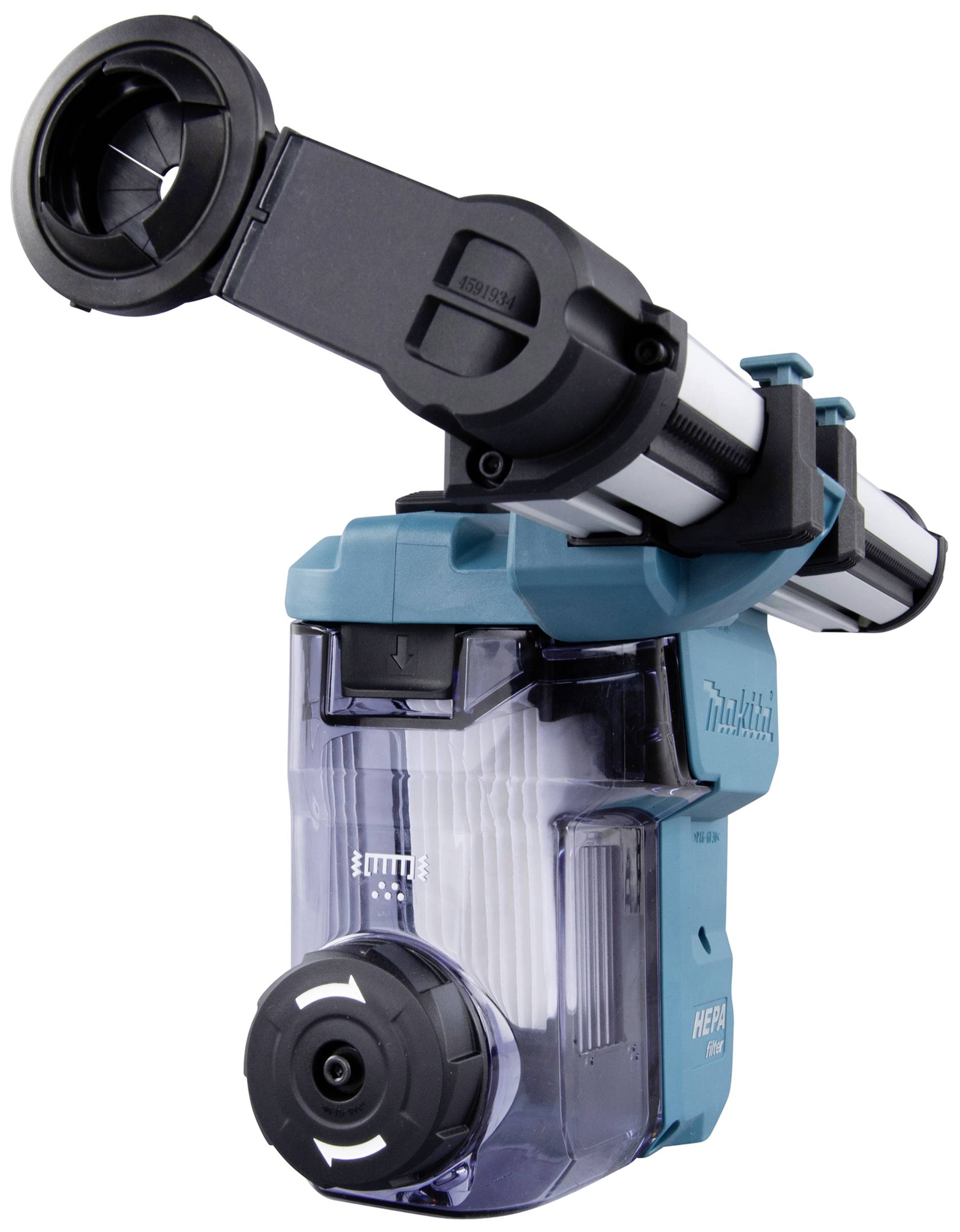 A blue vacuum cleaner attachment with a transparent container, equipped with a HEPA filter and a flexible, adjustable arm.