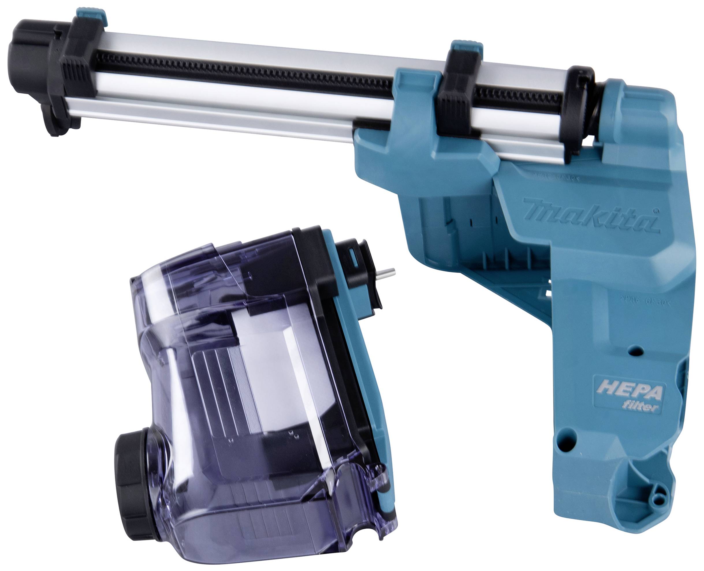 A two-tone tool, light blue and silver, with a transparent filter attachment. It is designed for use with HEPA filters.