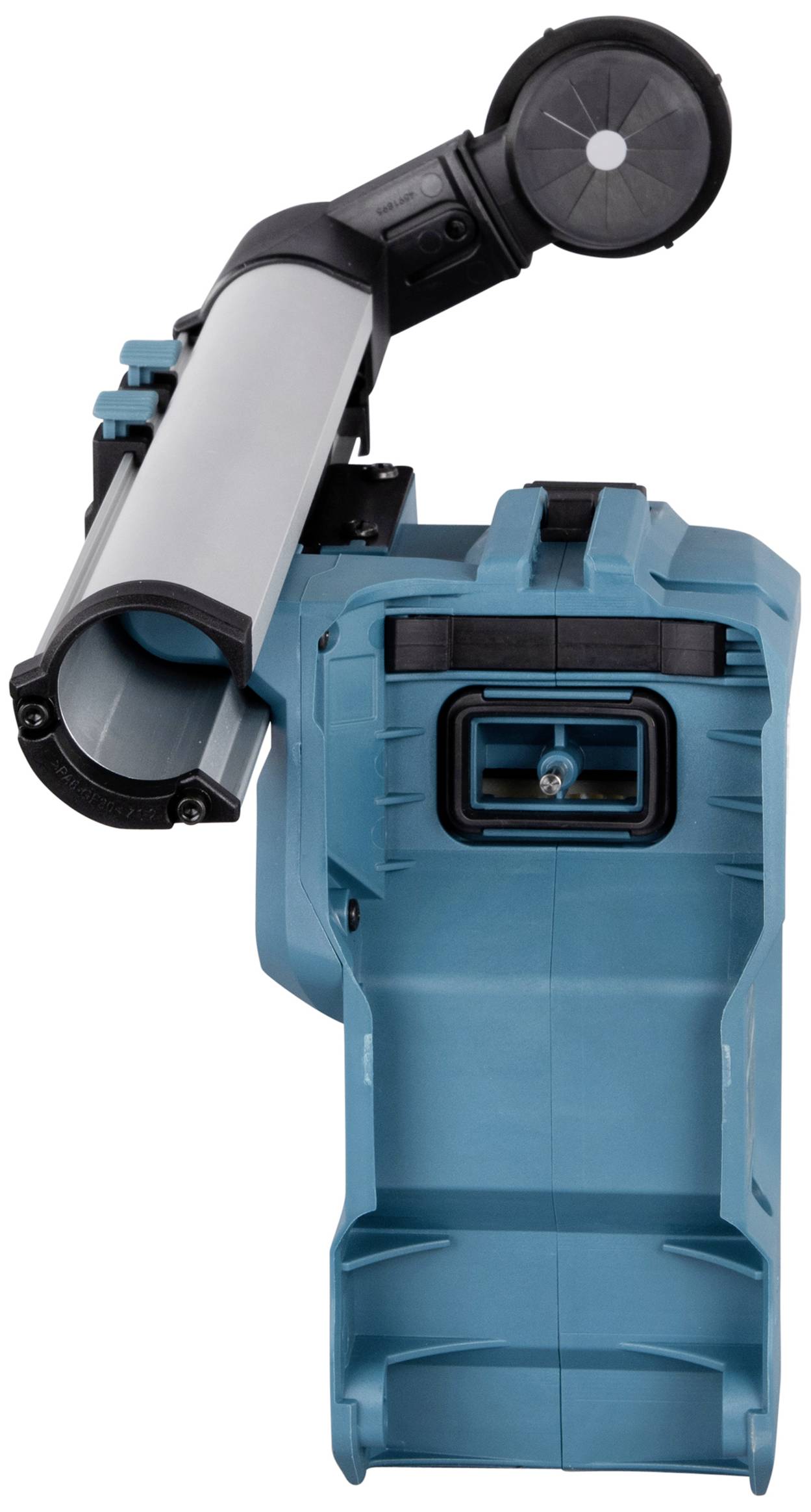 Vacuum cleaner attachment in blue, with hose and handle, suitable for use with power tools.
