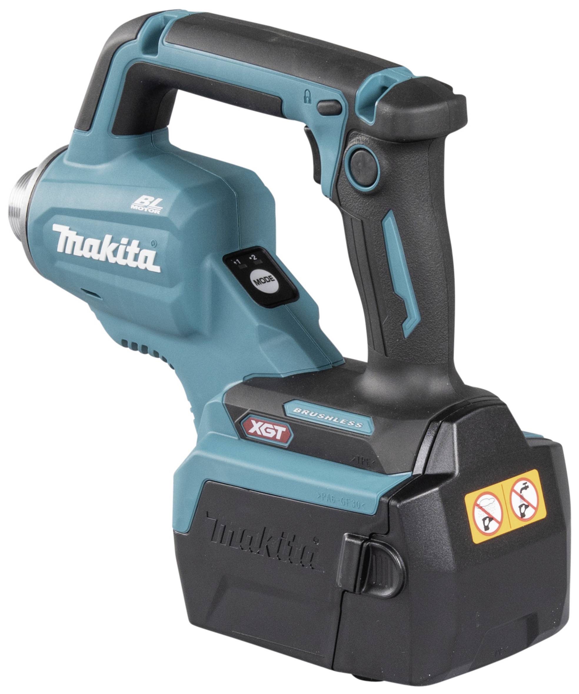 A cordless, blue-black electric power tool with an ergonomic handle, brand logo, and safety symbols, using XGT batteries.