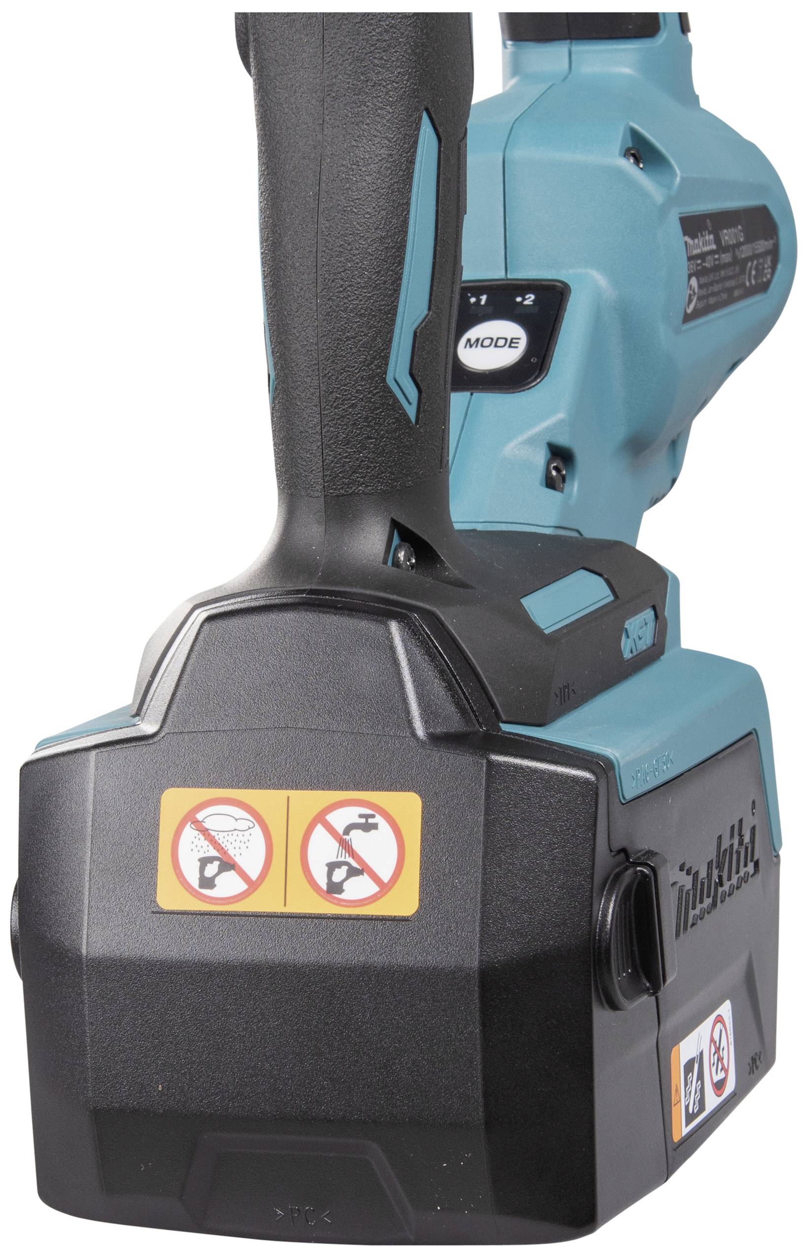 Cordless electric tool with an ergonomic handle and blue surface. Safety symbols on the reverse side.