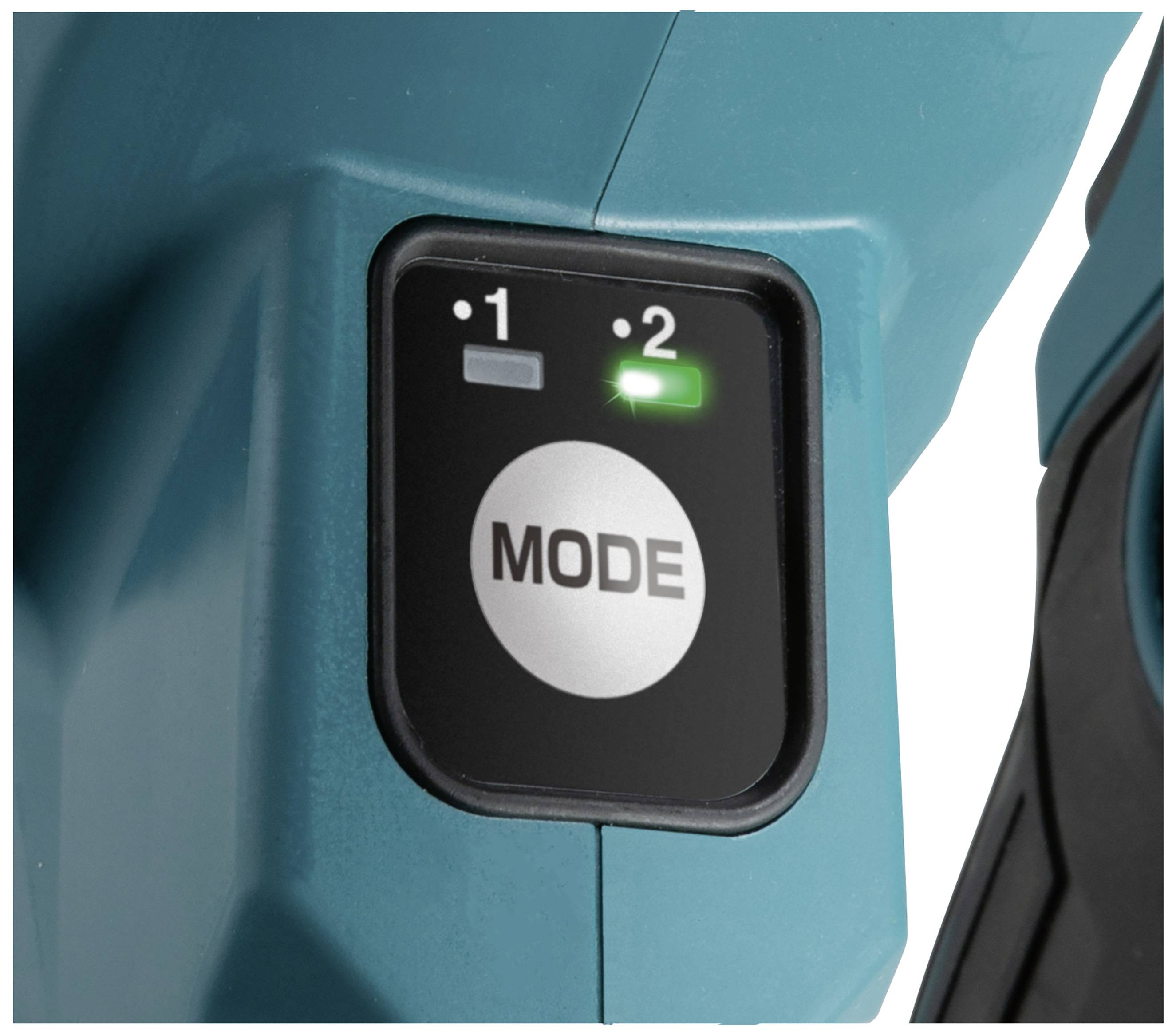 A black two-stage switch, labelled 'MODE'. The green LED indicates the second stage. Device in a turquoise housing.