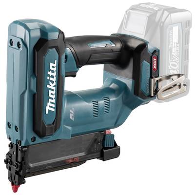Makita cordless nail gun, XGT 40V Max model, in blue, with ergonomic handle and attachment hook.