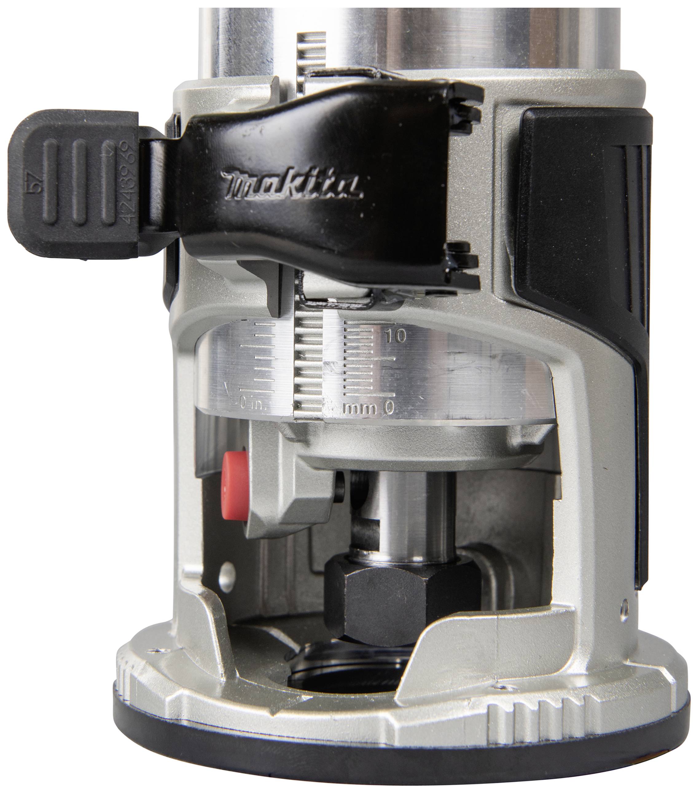 The image depicts a silver, handheld router with black and red accents, suitable for precise woodworking.