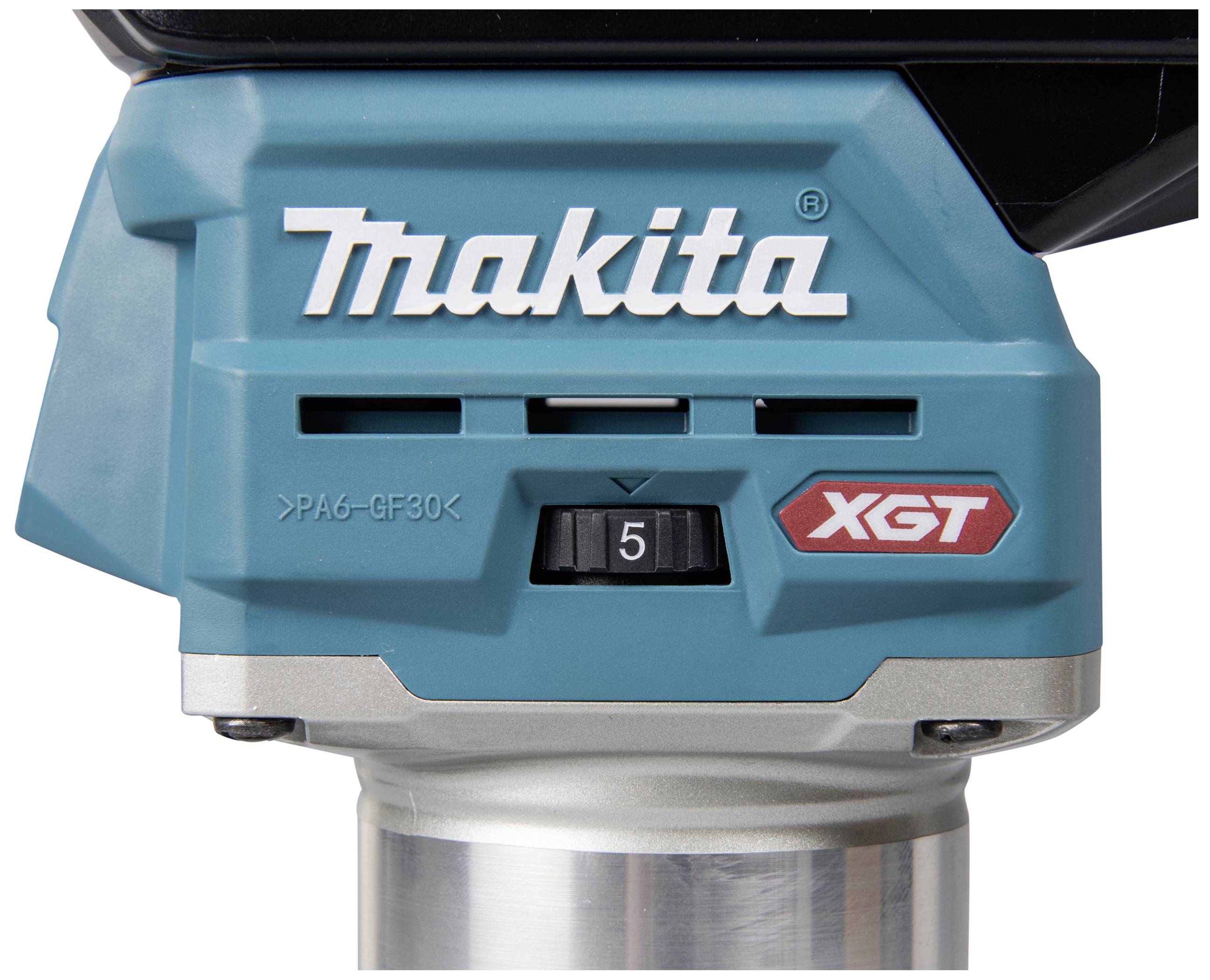 Close-up of a blue Makita tool. Label reads 'Makita' and 'XGT'. Adjustment dial shows the number 5.