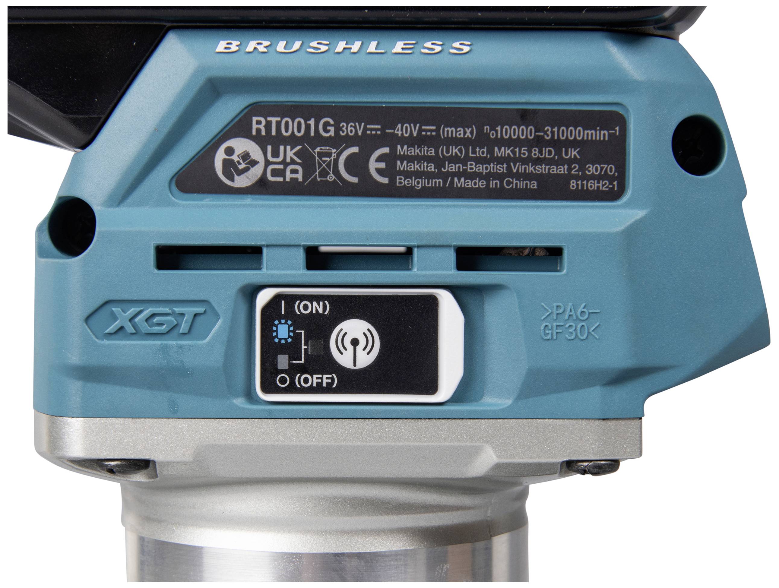 Close-up of a blue electronic device with the text 'BRUSHLESS' and an on/off switch. Model number RT001G, 36V.