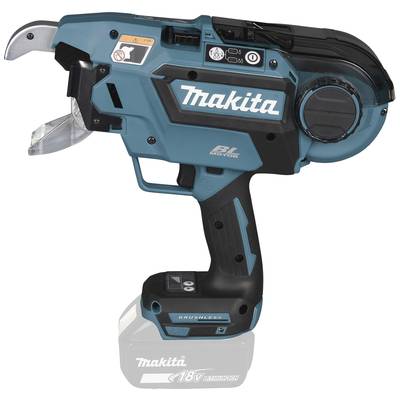 Battery-powered cardboard cutter in teal with a black handle, compact, from the 'Makita' brand, used for efficiently cutting cardboard materials.