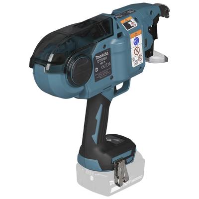 A blue handheld device for binding reinforcement steel, portable with an ergonomic handle and multiple safety warnings on the side.