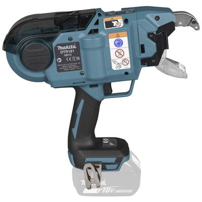 A cordless, blue-black Makita electric tool, model DTR181, with safety stickers and an ergonomic handle.
