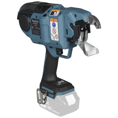 Electric tool with a blue casing, suitable for binding reinforcing steel. Display of safety stickers and handle.