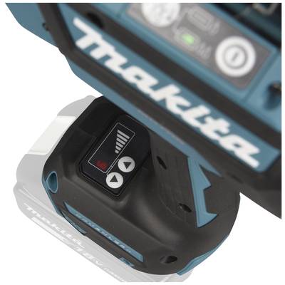Cordless drill in close-up showing brand logo and battery status indicator on the base with low charge level.