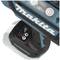 Cordless drill in close-up showing brand logo and battery status indicator on the base with low charge level.