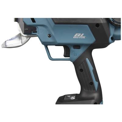 Close-up of a blue electric tool with a black handle, with 'BL Motor' written on it.