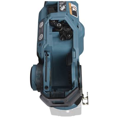 A hand-held electric tool with an open casing, revealing gears and control buttons. Safety and functional symbols are visible.