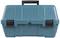 Blue tool case with black handle, closed.