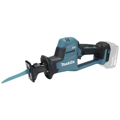 Cordless reciprocating saw in blue and black by Makita, featuring a distinctive design with saw blade. Suitable for versatile cutting tasks.