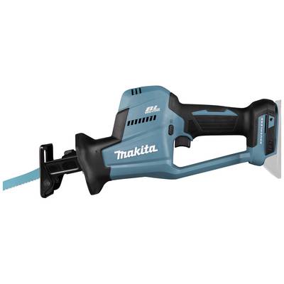 The image shows a cordless, blue reciprocating saw with an ergonomic handle and a brand name printed on it.