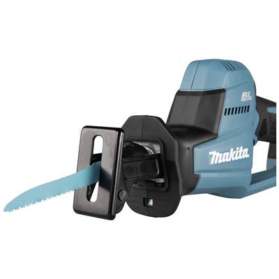 A blue, battery-powered jigsaw with a black handle.