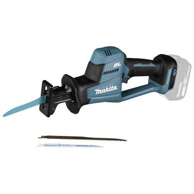 Cordless reciprocating saw in blue with a black handle. Two replacement saw blades in the foreground. Suitable for woodworking and metalworking.