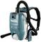 A portable cordless backpack vacuum cleaner in blue and white by Makita, with a flexible hose, HEPA filter, and battery.
