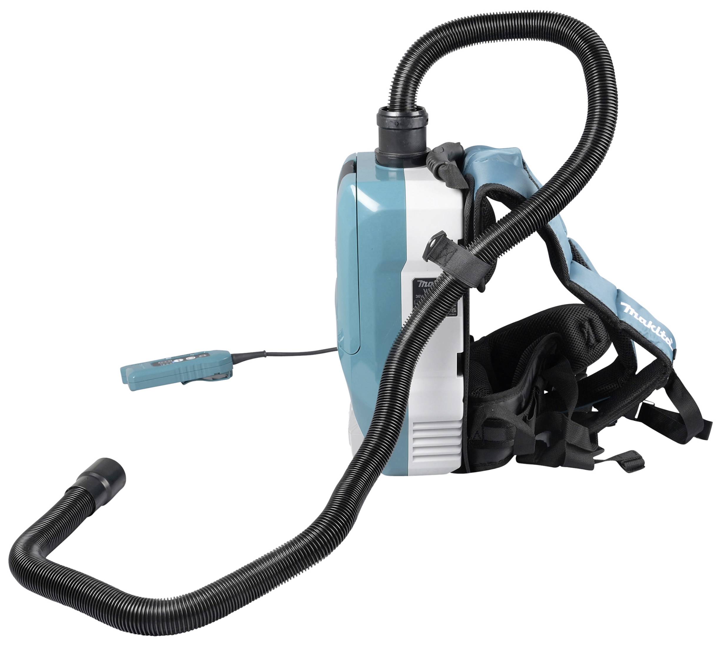 A cordless backpack vacuum cleaner with adjustable straps and flexible suction tube, ideal for convenient cleaning of large areas.